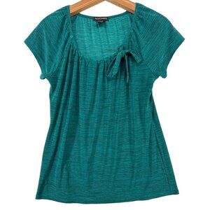 Susan Lawrence Womens Top Sz L Green Heathered Slinky Gathered Neck Modern Femme